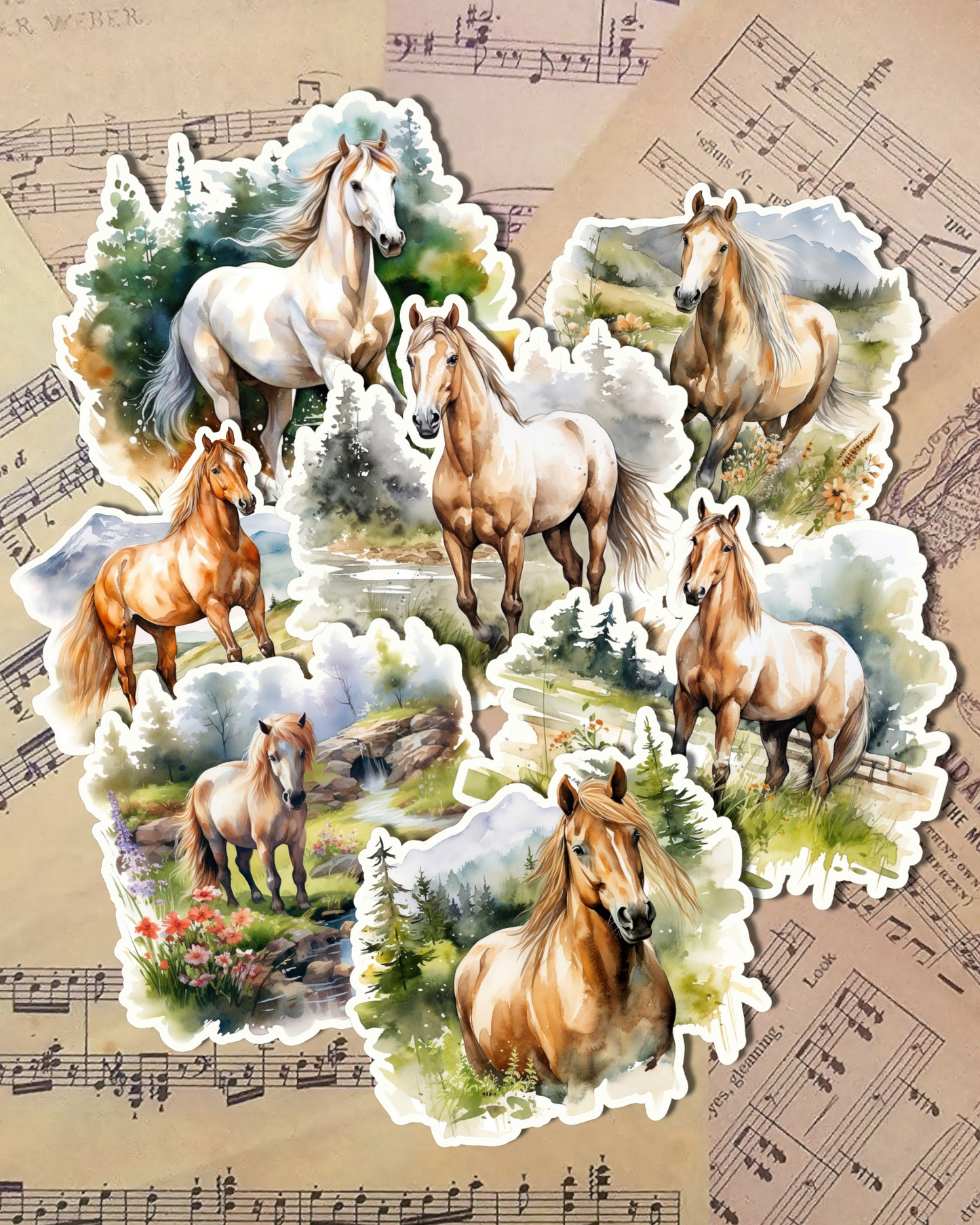 Set of horse and pony baby horse in natural pysage for journaling, le scrapbooking, Crafts, HandArts .•