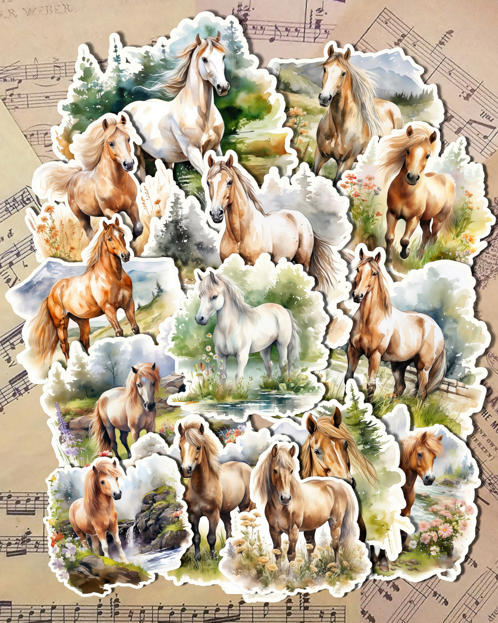 Ensemble de cheval et poney bébé cheval en pysage naturel pour journaling, le scrapbooking, Crafts, HandArts .•