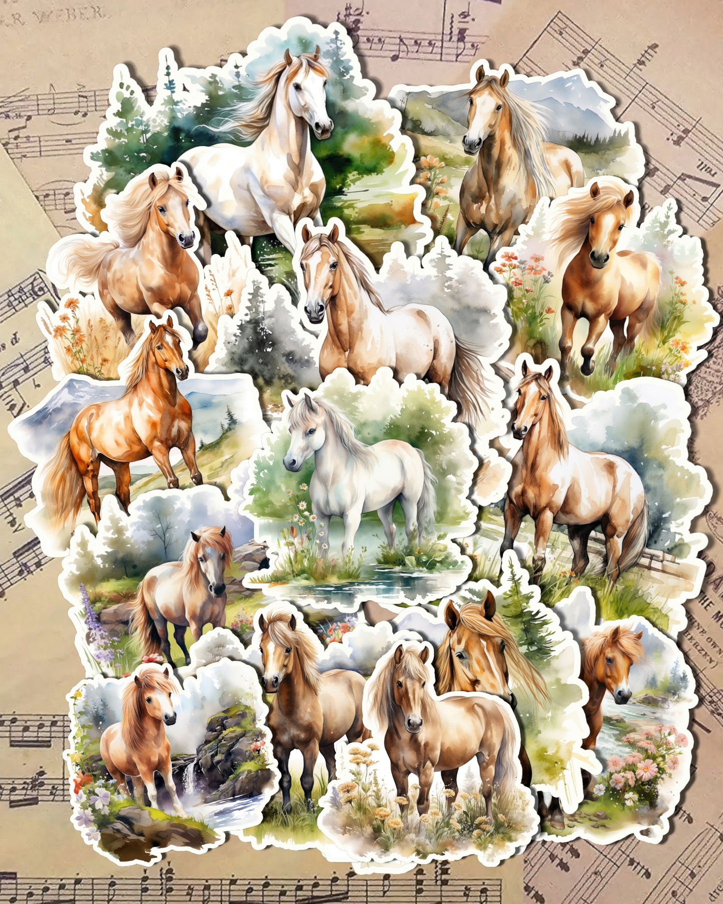 Set of horse and pony baby horse in natural pysage for journaling, le scrapbooking, Crafts, HandArts .•