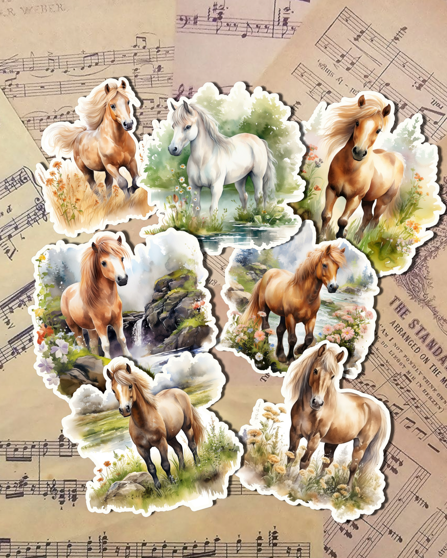 Set of horse and pony baby horse in natural pysage for journaling, le scrapbooking, Crafts, HandArts .•