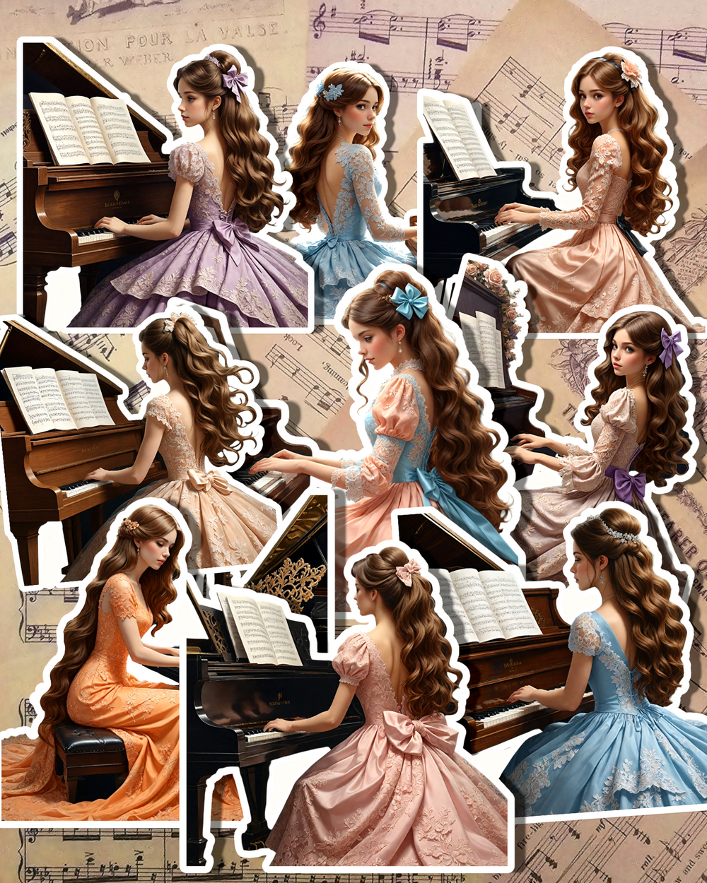 Ensemble de piano VINTAGE Fille en robes de dentelle de différentes couleurs pour journaling | Scrapbooking | Artisanat | HandArts •