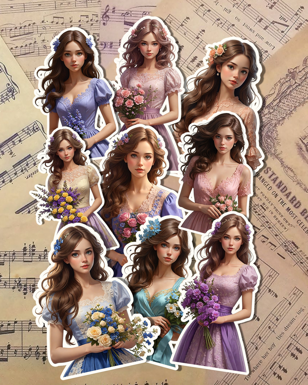 Lot de 9 belles femmes tenant des fleurs et portant une robe en dentelle pour le journaling | Scrapbooking | Artisanat | Arts manuels •