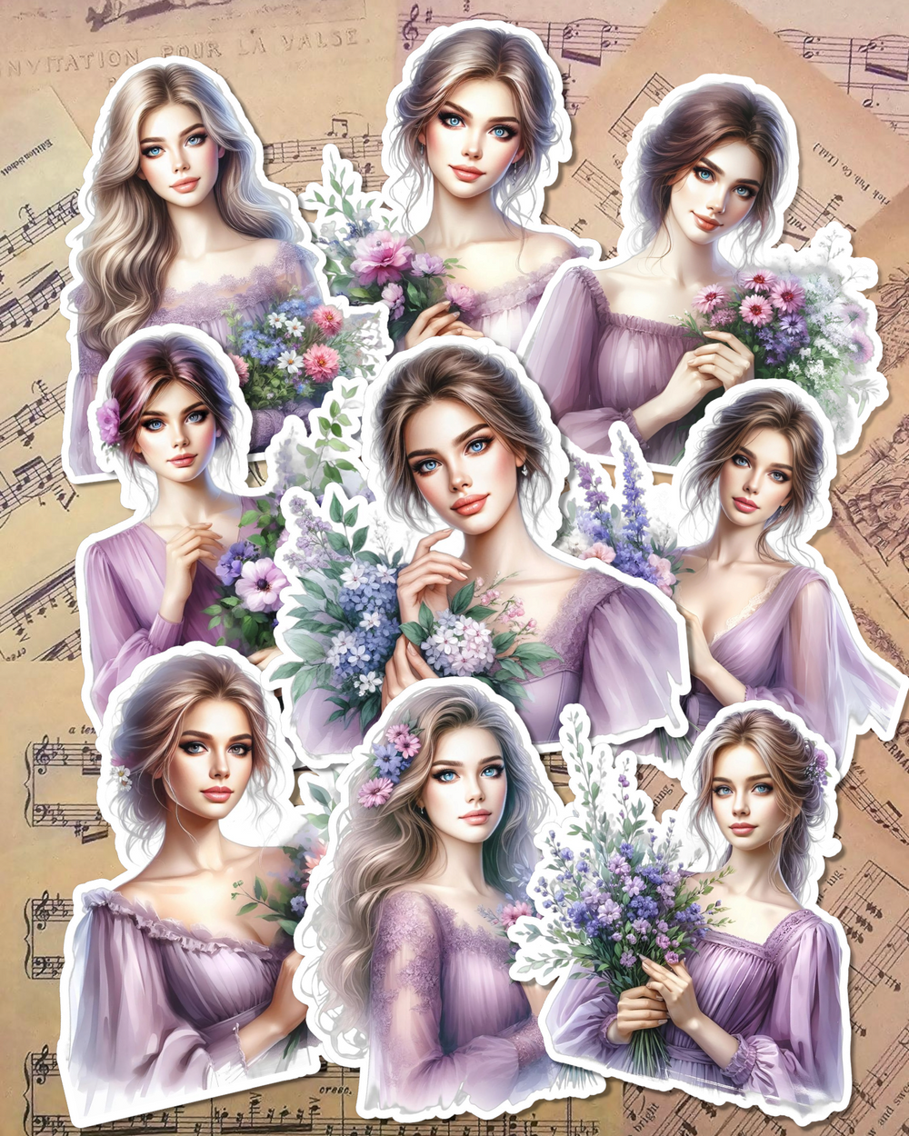 Lot de 9 stickers Rose Purple girls Pour Journal, Scrapbooking, travaux manuels•
