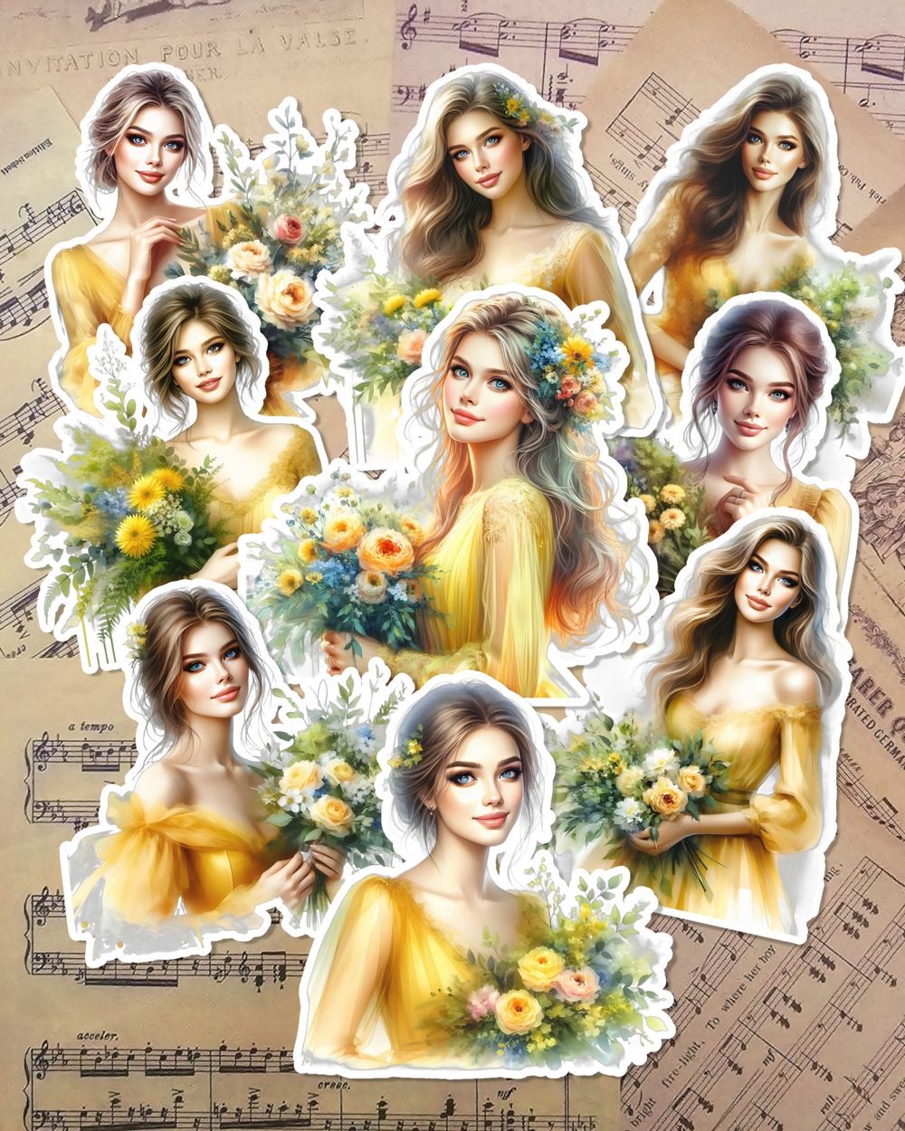 Ensemble de filles aux fleurs jaunes pour le journaling, le scrapbooking, l'artisanat, les arts manuels•