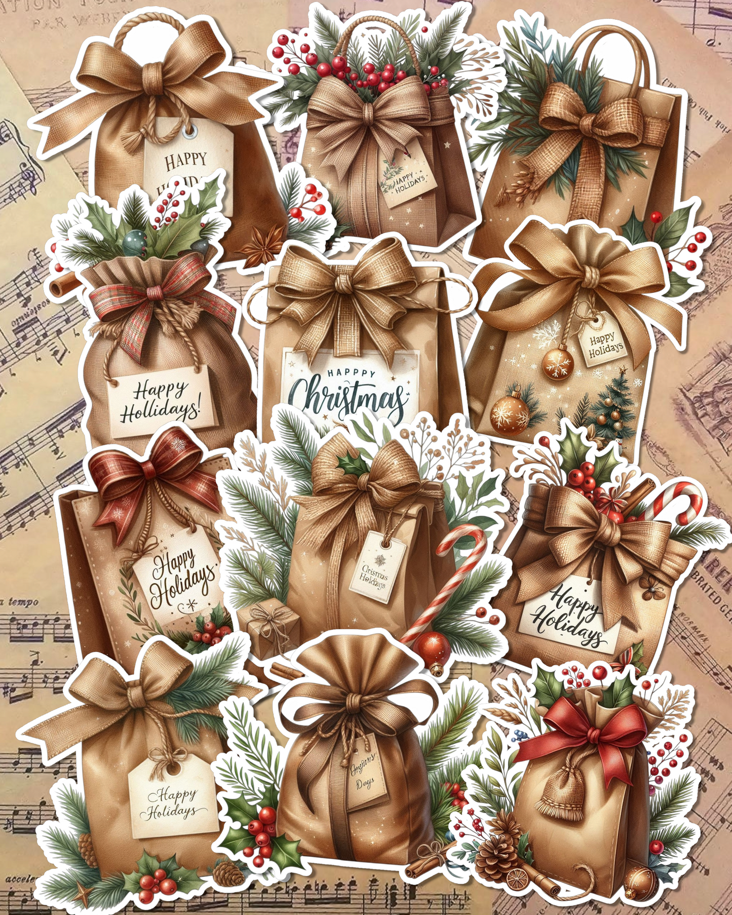 Lot de 12 stickers Vintage cozy present for journaling, Scrapbooking, Crafts, HandArts.