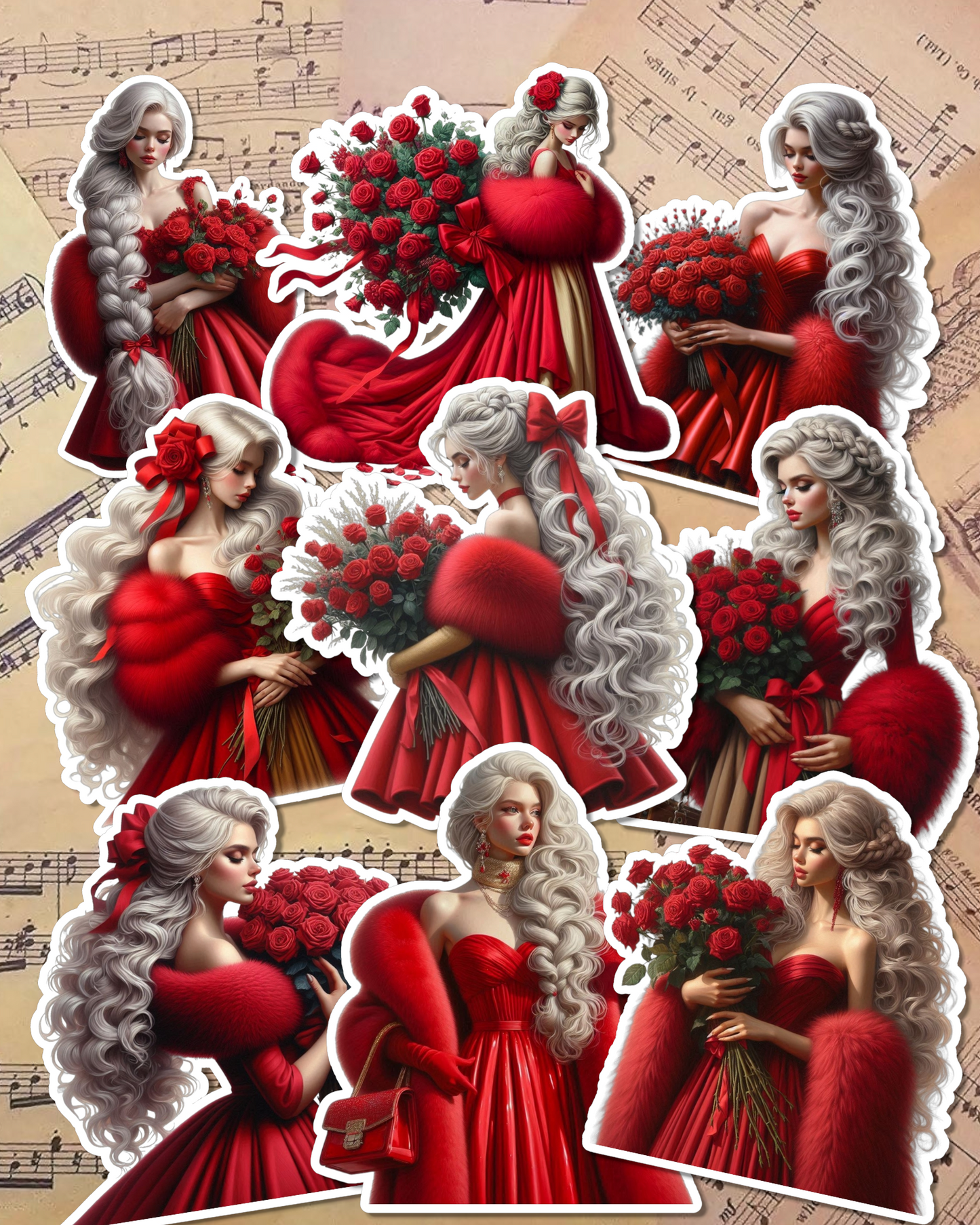 Set of Beautiful  Girls wearing red dress  for journaling , le scrapbooking, Crafts, HandArts.