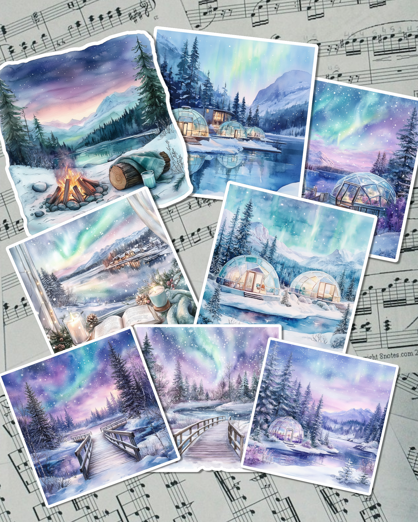 Set of photos Stickers of beautiful northern lights views for journaling , scrapbooking, Crafts, HandArts.