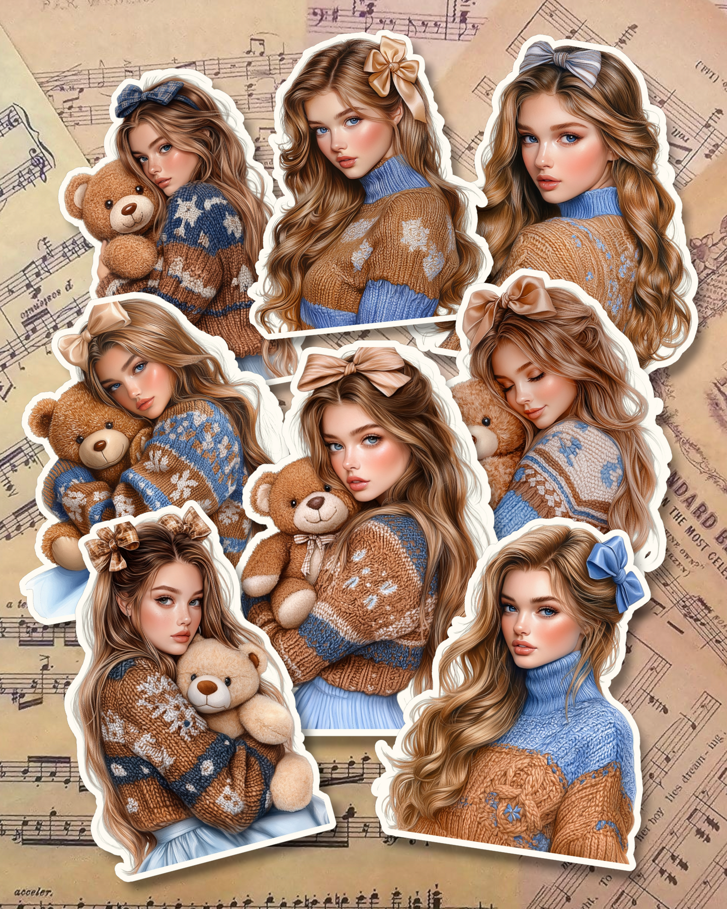 Set of Beautiful winter Girls holding cute rabbits or bears for journaling , le scrapbooking, Crafts, HandArts.