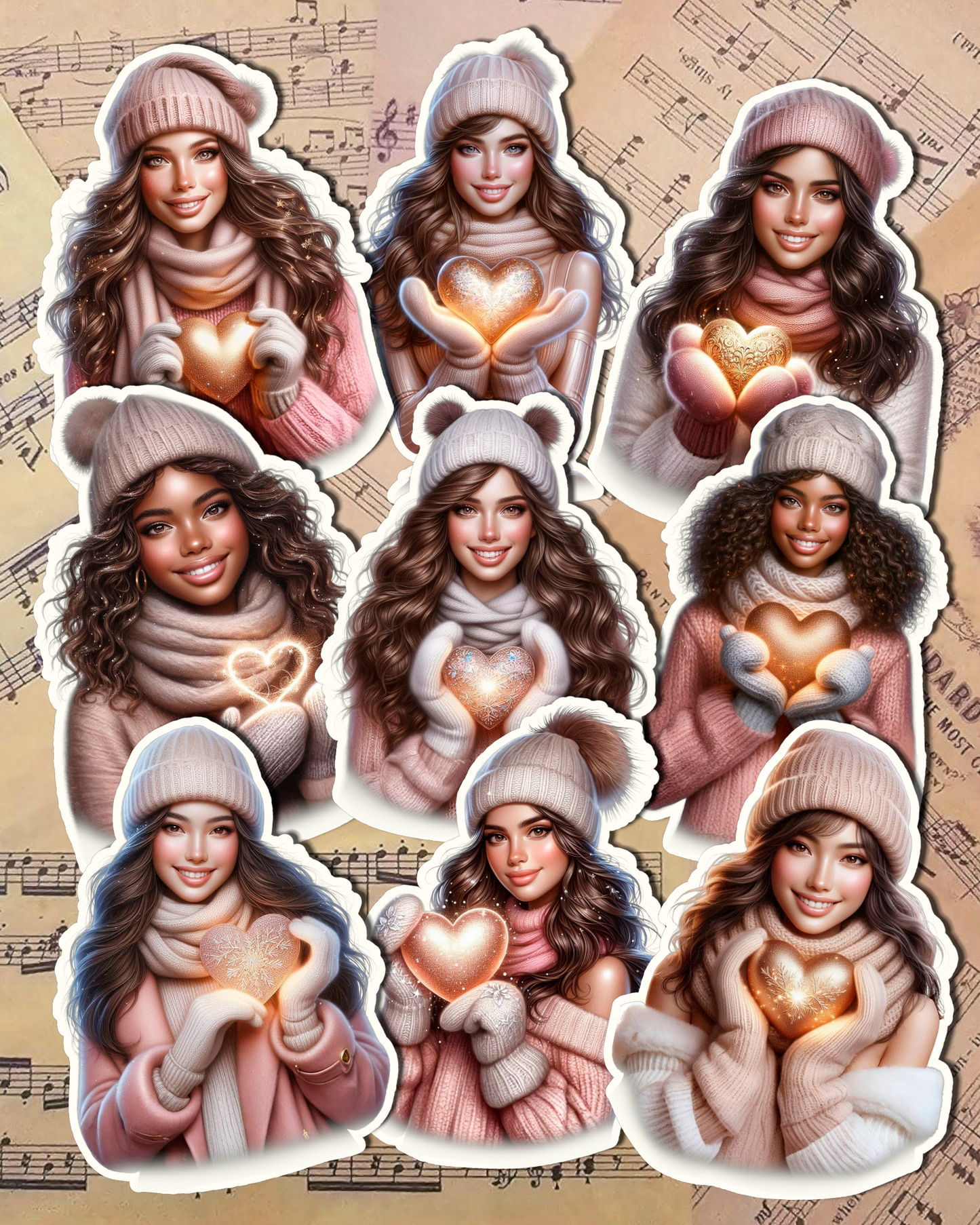 Set of 9 Beautiful cozy winter Girls holding lighting heart for journaling , le scrapbooking, Crafts, HandArts .