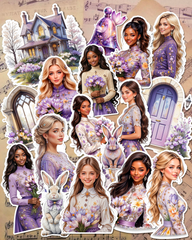 Lot de 17 stickers Floral purple girl for journaling| Scrapbooking | Crafts| Hand Arts •