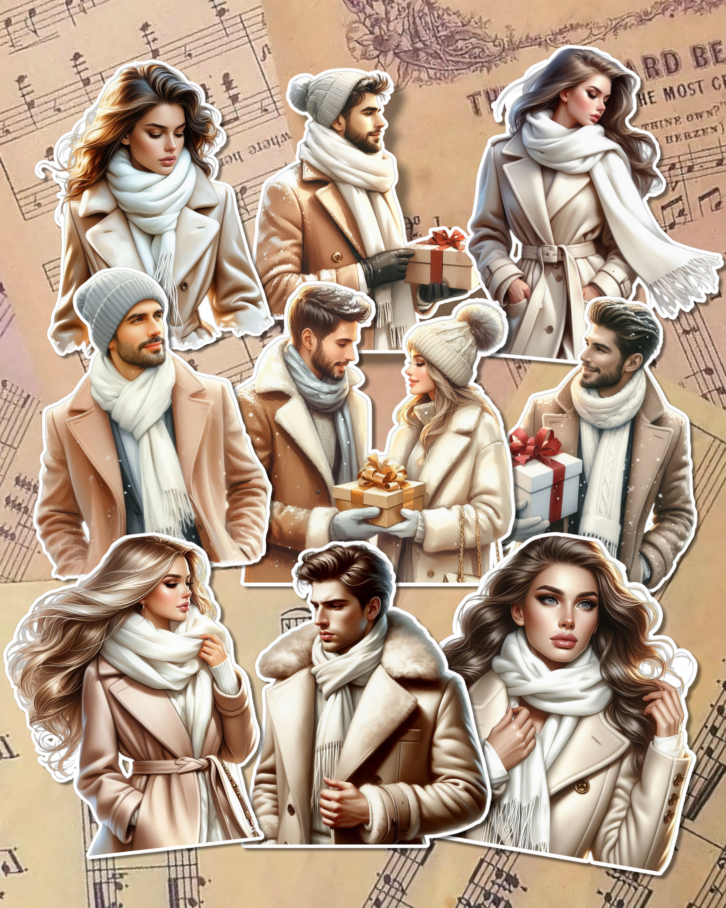 Set of Mix of women and men wearing beige jackets for journaling | Crafts| Scrapbooking | Arts de la main •