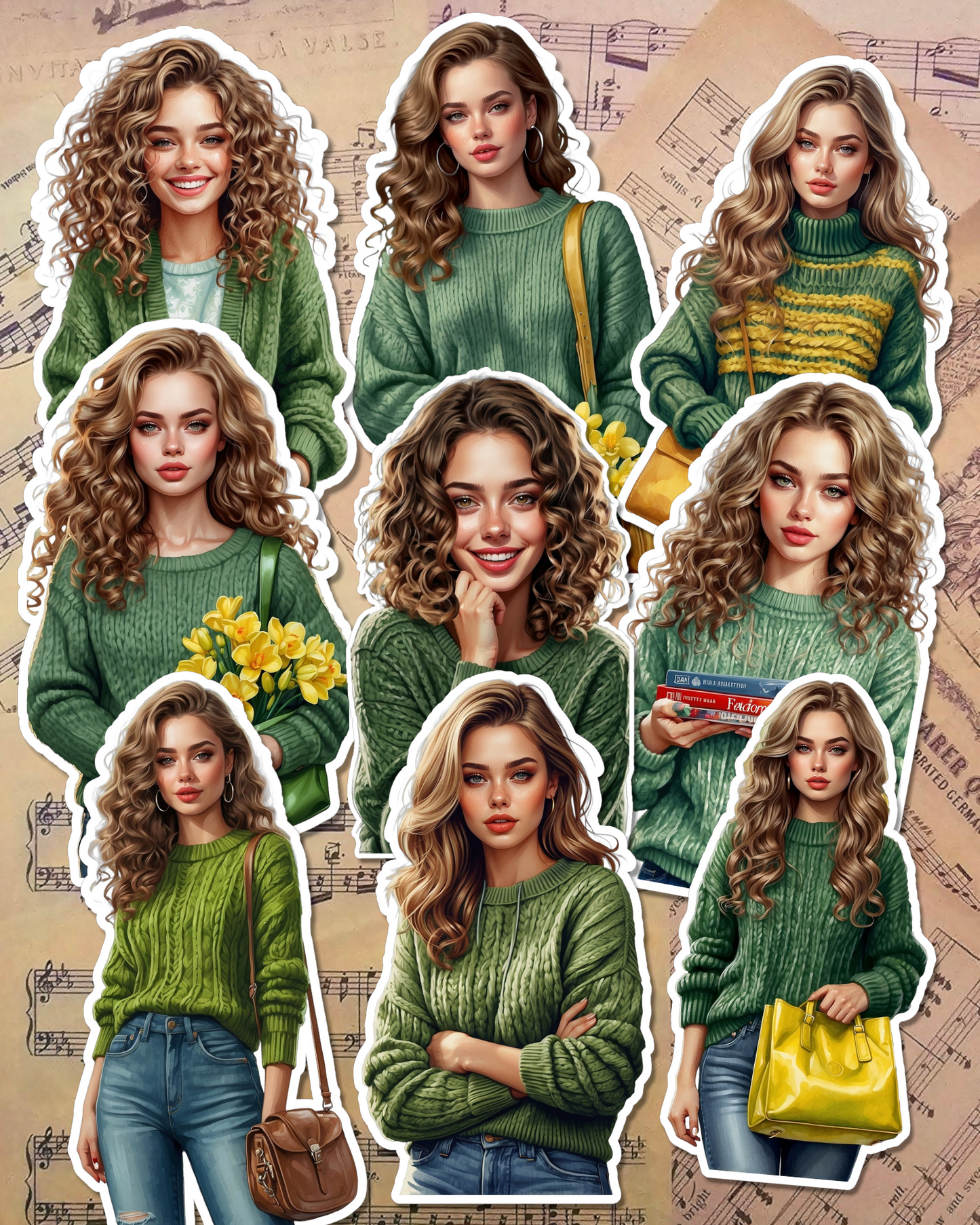 Set of 9 Beautiful cozy winter Girls wearing green pull-overs for journaling , le scrapbooking, Crafts, HandArts .