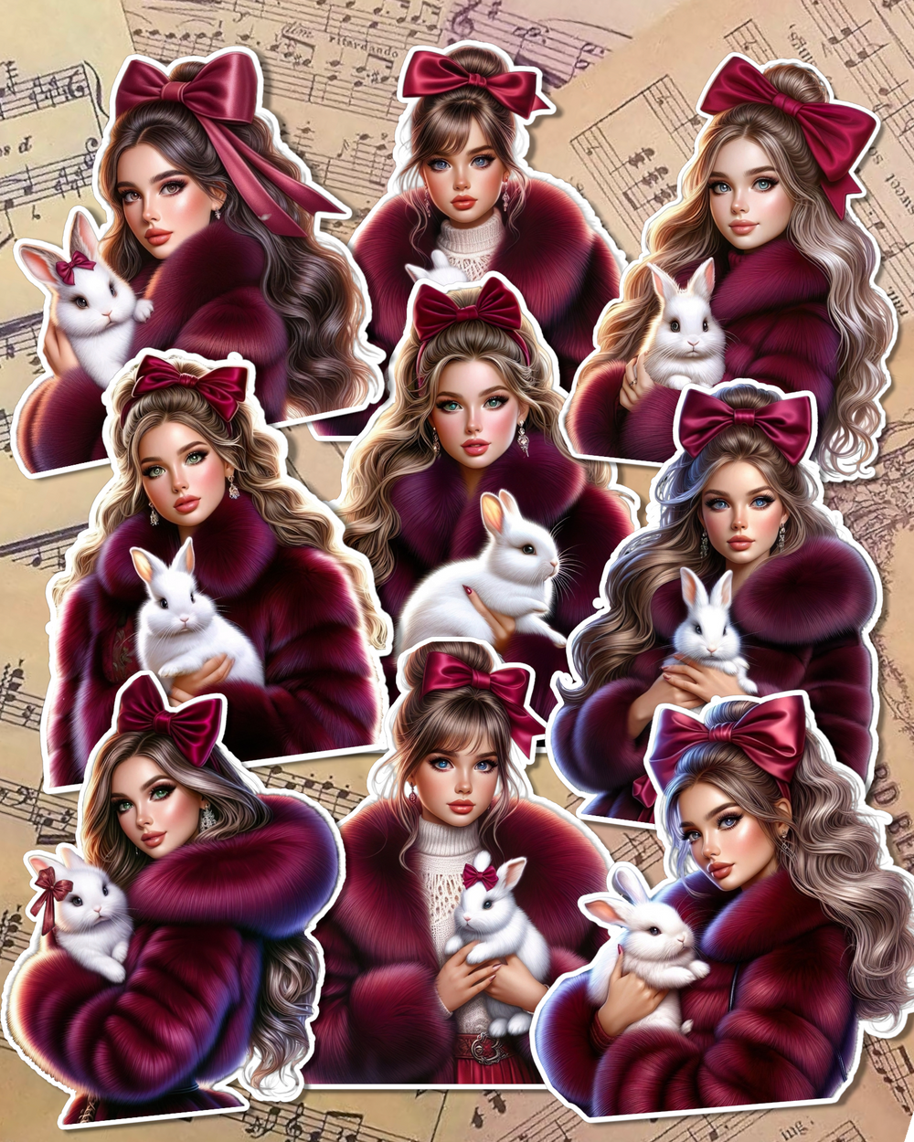 Set of Beautiful girls holding rappits wearing redwine forrure for journaling , le scrapbooking, Crafts, HandArts.