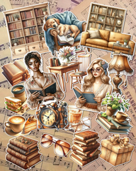 Lot de 17 stickers reading girl for journaling| Scrapbooking | Crafts| Hand Arts •