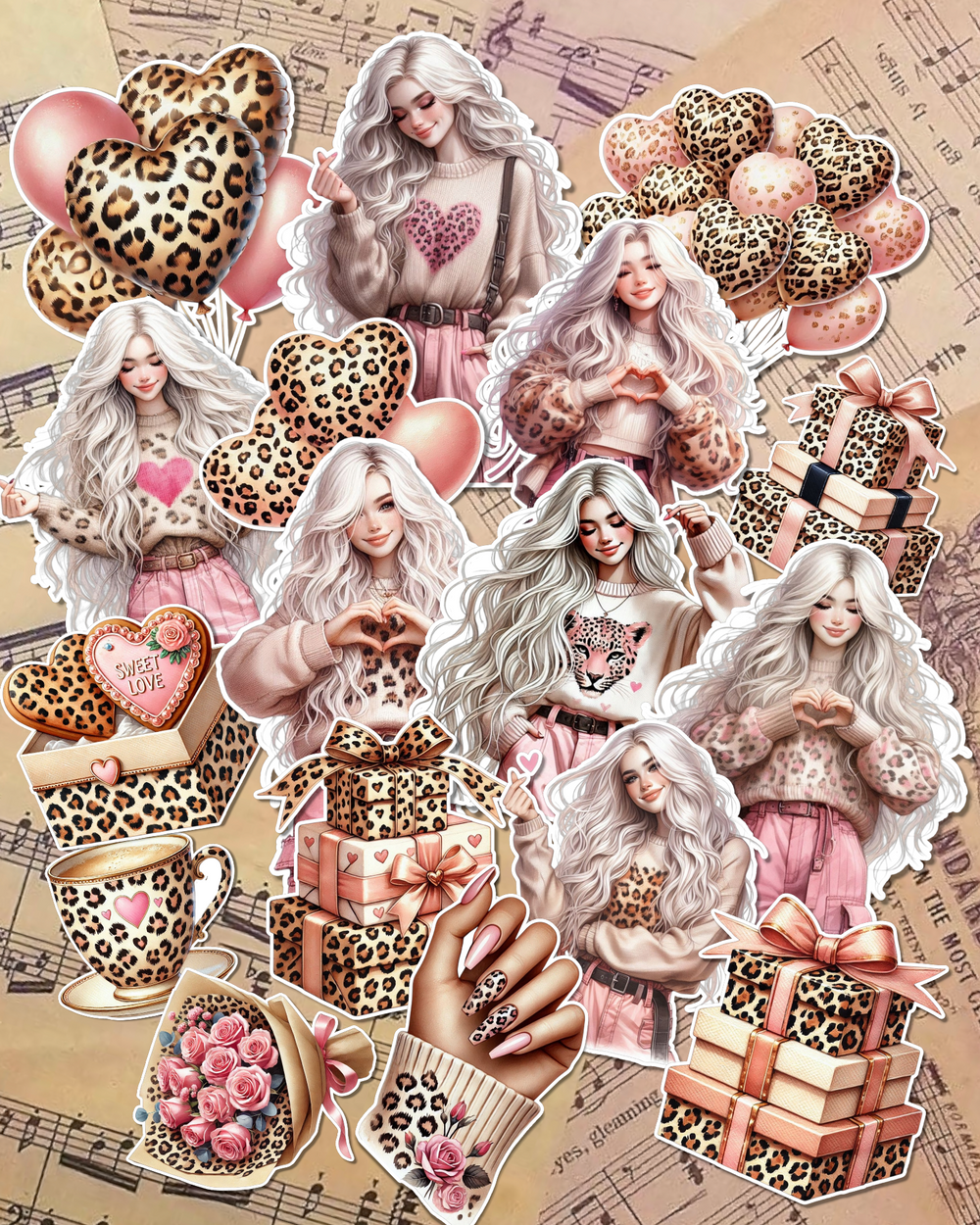 Lot de 17 stickers lovely leopard Girl for journaling| Scrapbooking | Crafts| Hand Arts •