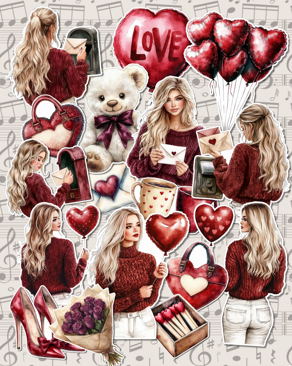Lot de 17 stickers Redwine valentine set for journaling| Scrapbooking | Crafts| Hand Arts •