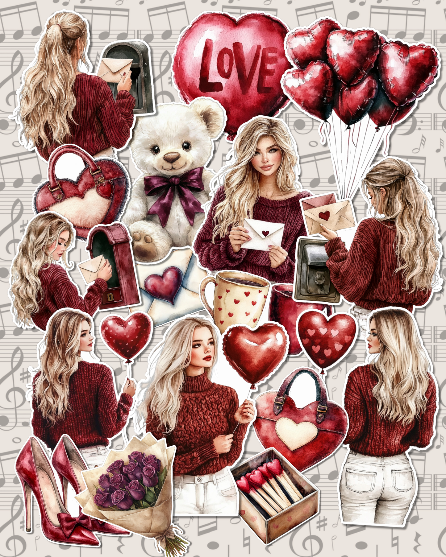 Lot de 17 stickers Redwine valentine set for journaling| Scrapbooking | Crafts| Hand Arts •