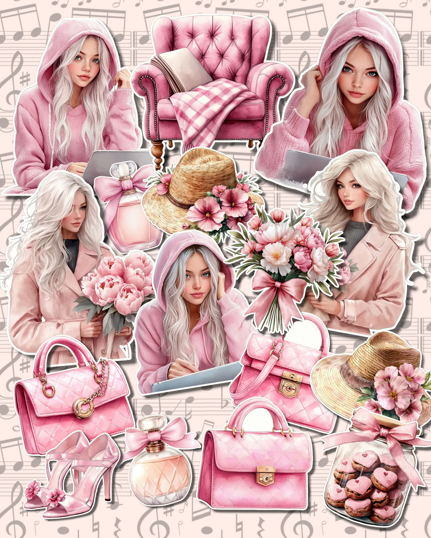 Lot de 17 stickers pink girl on laptop for journaling| Scrapbooking | Crafts| Hand Arts •