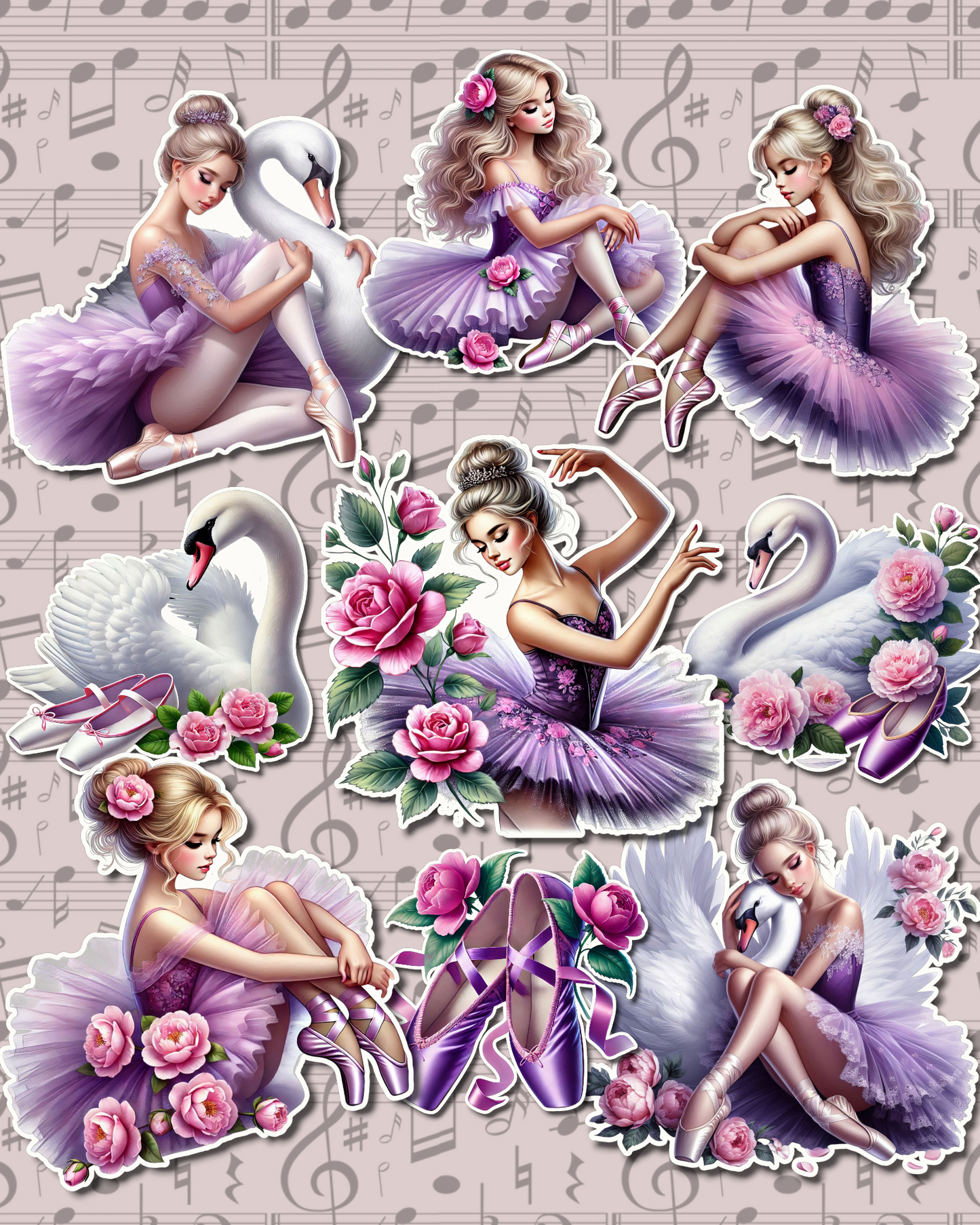Lot of  girls ballerina with swans stickers for journaling, Scrapbooking, Crafts, HandArts•