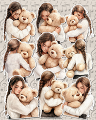 Lot of stickers cute girl holding bear in beige tones for journaling| Scrapbooking | Crafts | Hand Arts •