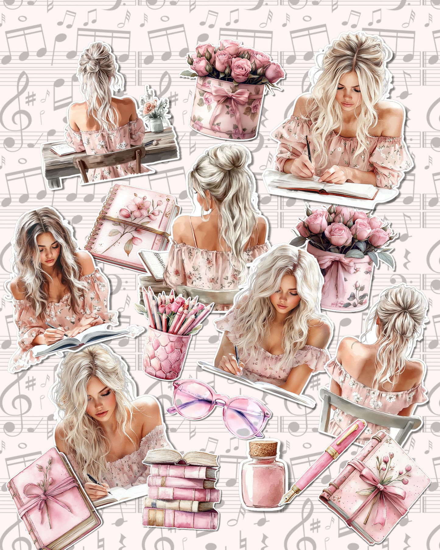 Lot de 17 stickers Reading cute girl set for journaling| Scrapbooking | Crafts| Hand Arts •