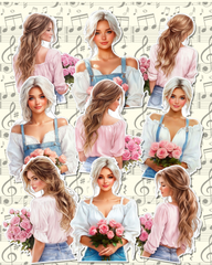 Set of 9 spring gils wearing pastel colors for Journaling, scrapbooking, Crafts, HandArts.