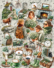 Lot de 25  Stickers Early natural spring for journaling , scrapbooking, Crafts, HandArts.