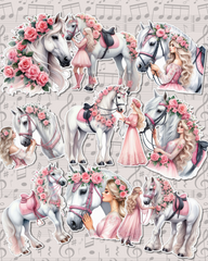Set of 9 Beautiful girls with lovely horses pink roses for journaling , le scrapbooking, Crafts, HandArts
