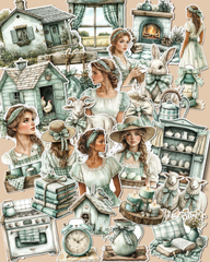 Lot de 25 ou 17 0u 10 Stickers  Green rustic spring for journaling , scrapbooking, Crafts, HandArts .