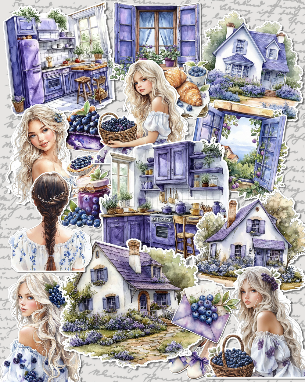 Purple-themed girl & succulent 17 sticker set cottage charm and blueberry magic for journaling| Scrapbooking | Crafts| Hand Arts •