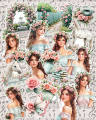 Lot de 17 stickers green rose spring for journaling| Scrapbooking | Crafts| Hand Arts •