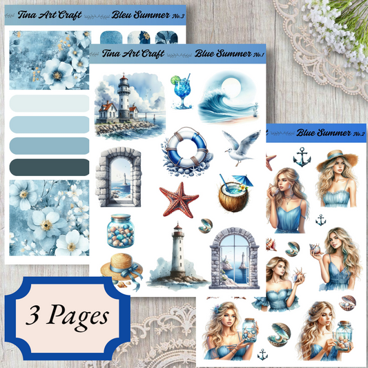 Elegant sticker set inspired by the sea, featuring pastel tones, dreamy girls, and coastal elements – ideal for journaling, scrapbooking.