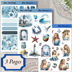 Elegant sticker set inspired by the sea, featuring pastel tones, dreamy girls, and coastal elements – ideal for journaling, scrapbooking.