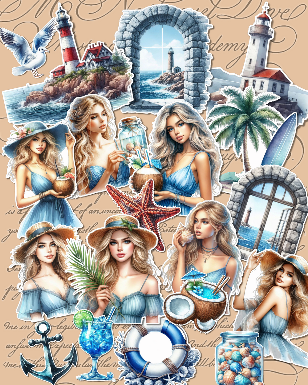 Set of 17 dreamy summer beach stickers for Journaling| Scrapbooking | Crafts| Hand Arts •