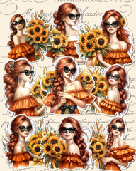 Lot of elegant sunflower girl stickers for journaling, Scrapbooking, Crafts, HandArts•