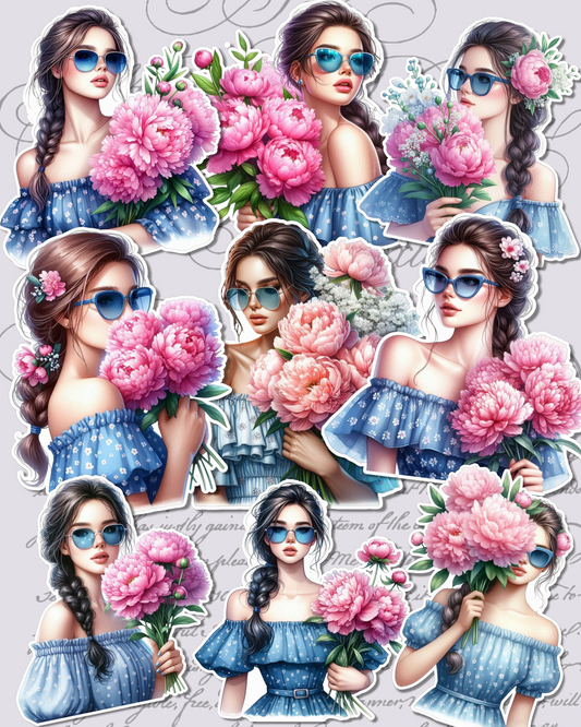 Bright pink peony & soft blue fashion girl stickers for stickers le scrapbooking, crafts , Hand Arts.