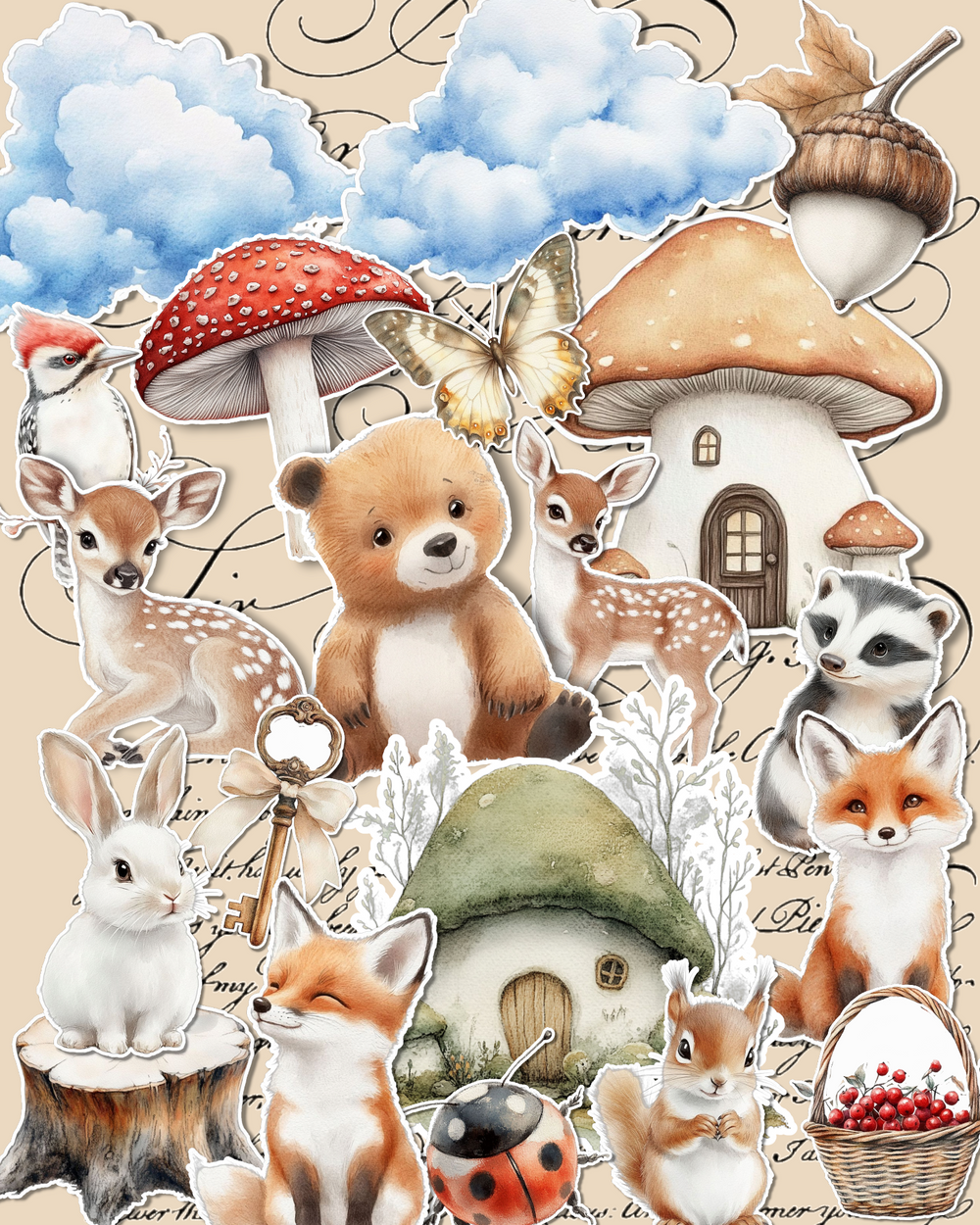 Cute woodland stickers featuring cute animals, mushrooms, clouds, and cozy forest elements for Journaling, scrapbooking, Crafts, HandArts.