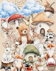 Cute woodland stickers featuring cute animals, mushrooms, clouds, and cozy forest elements for Journaling, scrapbooking, Crafts, HandArts.
