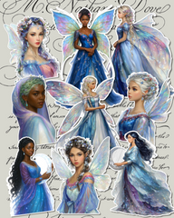 Dreamy fairy stickers in shimmering celestial gowns for journaling, Scrapbooking, Crafts, HandArts.