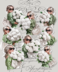 Set of Beautiful girls wearing green blouse holding white bag for journaling, Scrapbooking, Crafts, HandArts.