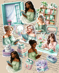 Lot 17 Stickers Modern Reading and books in  green and pink cozy vibes for journaling cards | Scrapbooking | Crafts | HandArts •