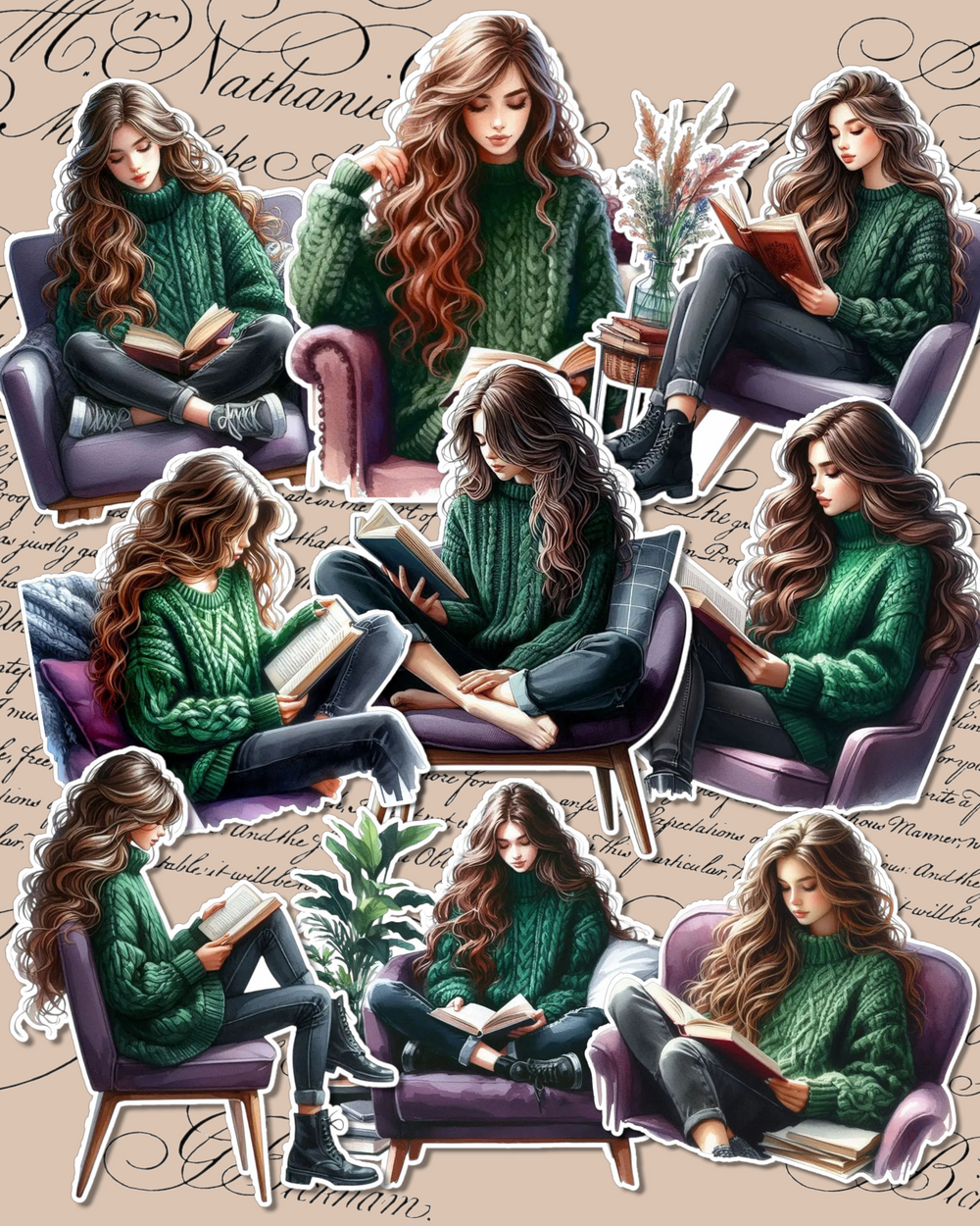 Set of Beautiful Reading girls sitting in cozy corner for journaling , le scrapbooking, Crafts, HandArts.