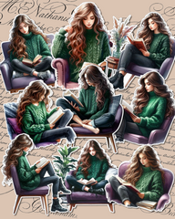 Set of Beautiful Reading girls sitting in cozy corner for journaling , le scrapbooking, Crafts, HandArts.