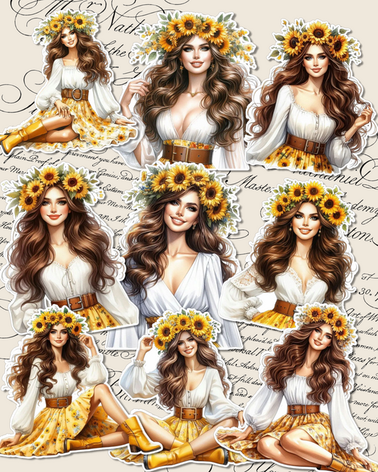 Set of Beautiful sunflower girls for journaling , le scrapbooking, Crafts, HandArts.