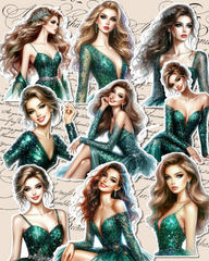 Set of Beautiful girls wearing elegant green dresses for journaling , le scrapbooking, Crafts, HandArts.