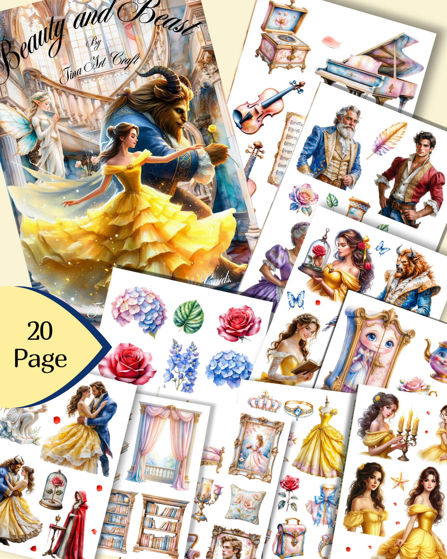 Beauty and the Beast – 20 Pages of Enchantment, Elegance & Fairytale Magic for journaling , le scrapbooking, Crafts, HandArts.