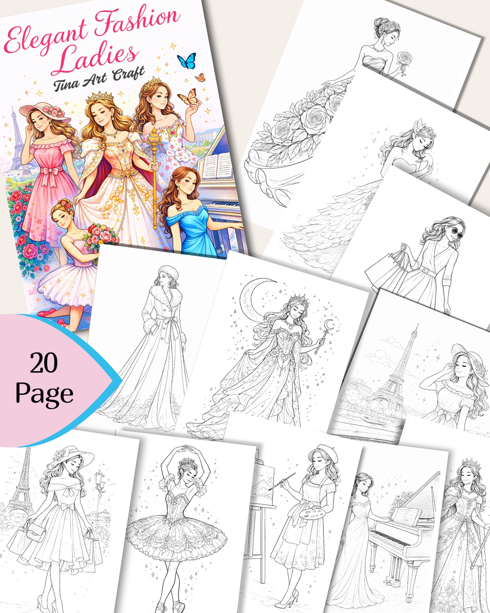 Elegant Fashion Ladies – 20 Pages of Style, Grace & Coloring Elegance for journaling , le scrapbooking, Crafts, HandArts