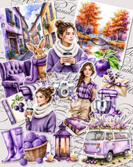 Lot de 17 stickers cozy  purple autumn for journaling| Scrapbooking | Crafts| Hand Arts •