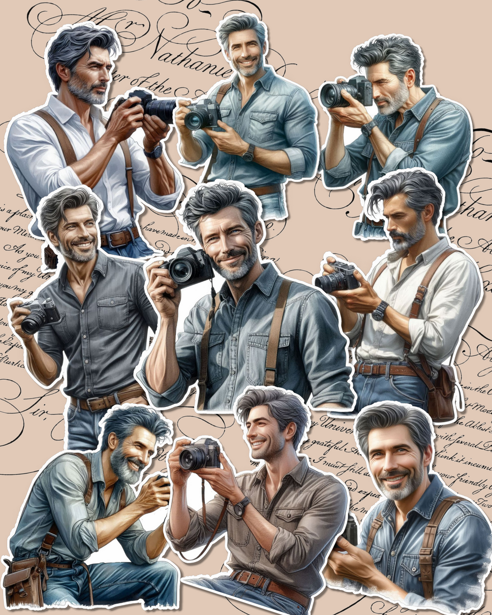 Set of Handsome men in their forties  holding camera for journaling , le scrapbooking, Crafts, HandArts.