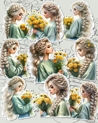Lot of pastel green girl stickers holding bright yellow flowers for journaling, Scrapbooking, Crafts, HandArts•